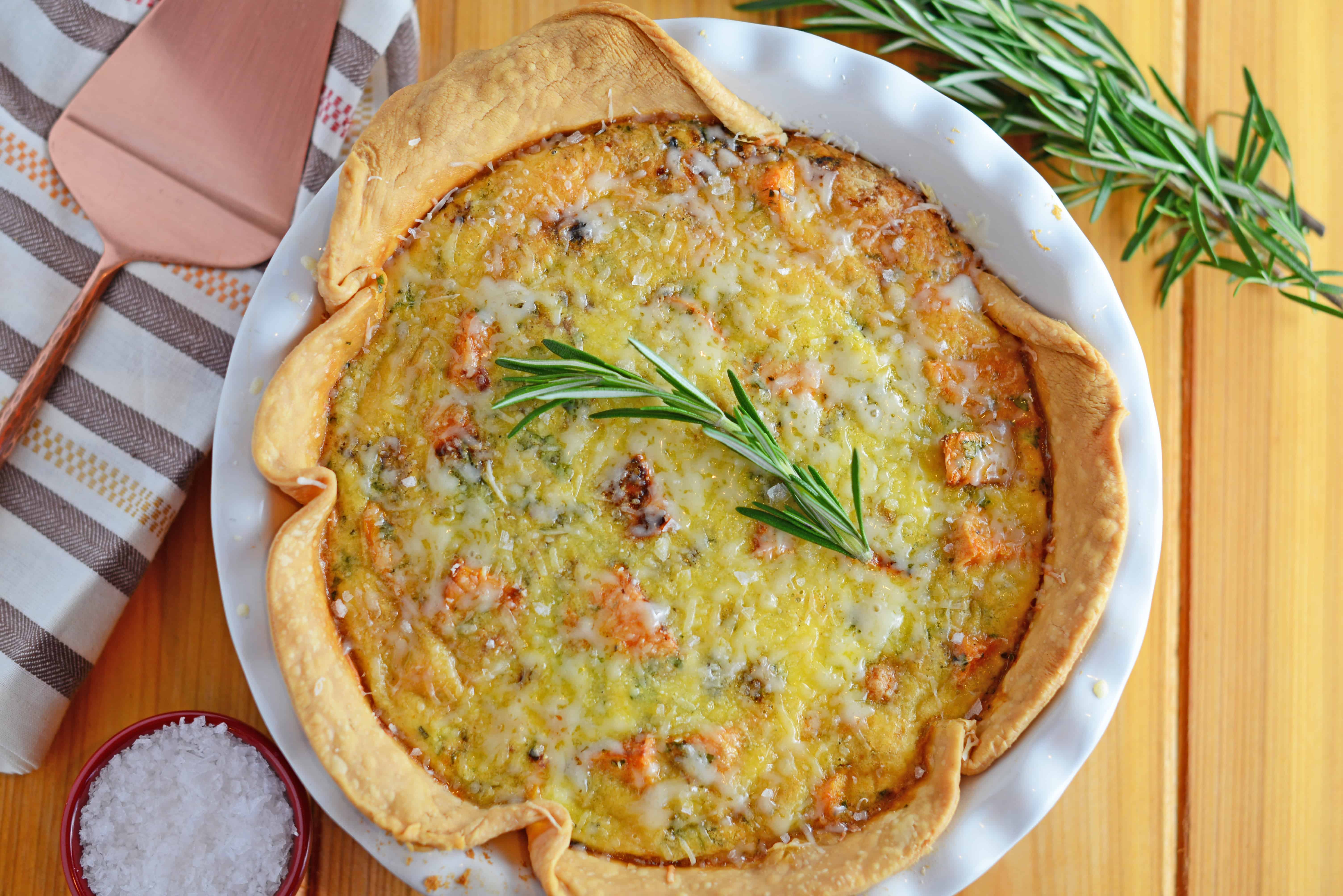 Sweet Potato Quiche can be made as a brunch, entree or side dish. Roasted sweet potatoes, red onion, bacon and rosemary make this a winning quiche recipe!