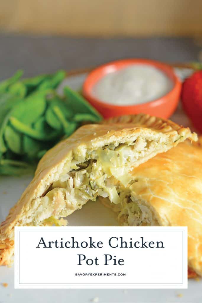 Artichoke Chicken Pot Pie is an easy hand pie recipe stuffed with shredded chicken, artichokes, spinach, red onion, cheese and zesty Italian dressing. #chickenpotpie #handpies www.savoryexperiments.com