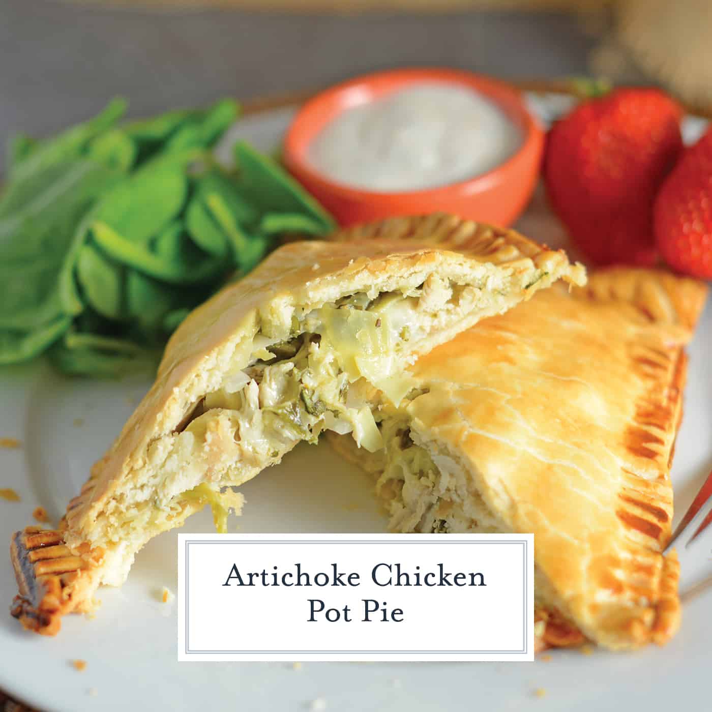 Artichoke Chicken Pot Pie is an easy hand pie recipe stuffed with shredded chicken, artichokes, spinach, red onion, cheese and zesty Italian dressing. #chickenpotpie #handpies www.savoryexperiments.com