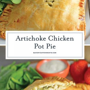 Artichoke Chicken Pot Pie is an easy hand pie recipe stuffed with shredded chicken, artichokes, spinach, red onion, cheese and zesty Italian dressing. #chickenpotpie #handpies www.savoryexperiments.com