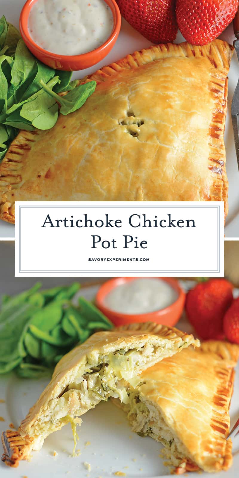 Artichoke Chicken Pot Pie is an easy hand pie recipe stuffed with shredded chicken, artichokes, spinach, red onion, cheese and zesty Italian dressing. #chickenpotpie #handpies www.savoryexperiments.com