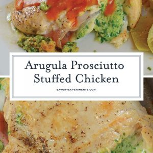 Arugula Prosciutto Stuffed Chicken is topped off with a silky tomato shallot sauce. Baked chicken recipes are great, but cheese stuffed chicken breasts are even better! #cheesestuffedchickenbreast #bakedchickenrecipe #stuffedchickenbreastrecipe www.savoryexperiments.com