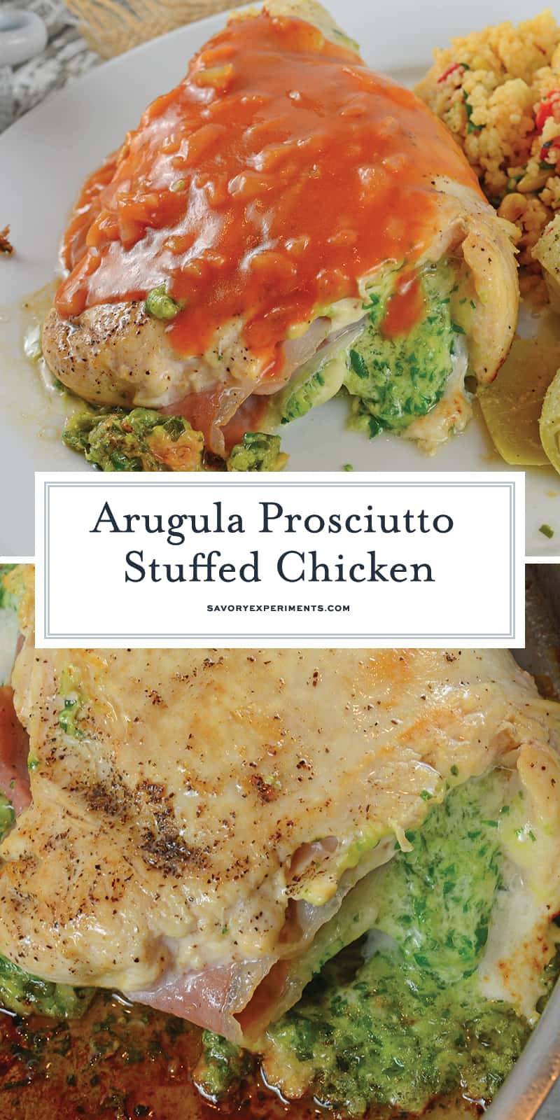 Arugula Prosciutto Stuffed Chicken is topped off with a silky tomato shallot sauce. Baked chicken recipes are great, but cheese stuffed chicken breasts are even better! #cheesestuffedchickenbreast #bakedchickenrecipe #stuffedchickenbreastrecipe www.savoryexperiments.com