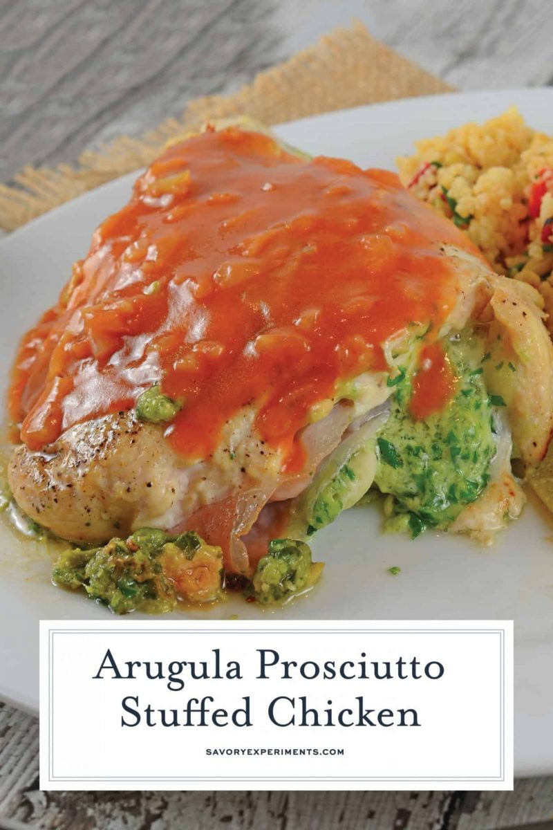 angled shot of prosciutto stuffed chicken with text overlay