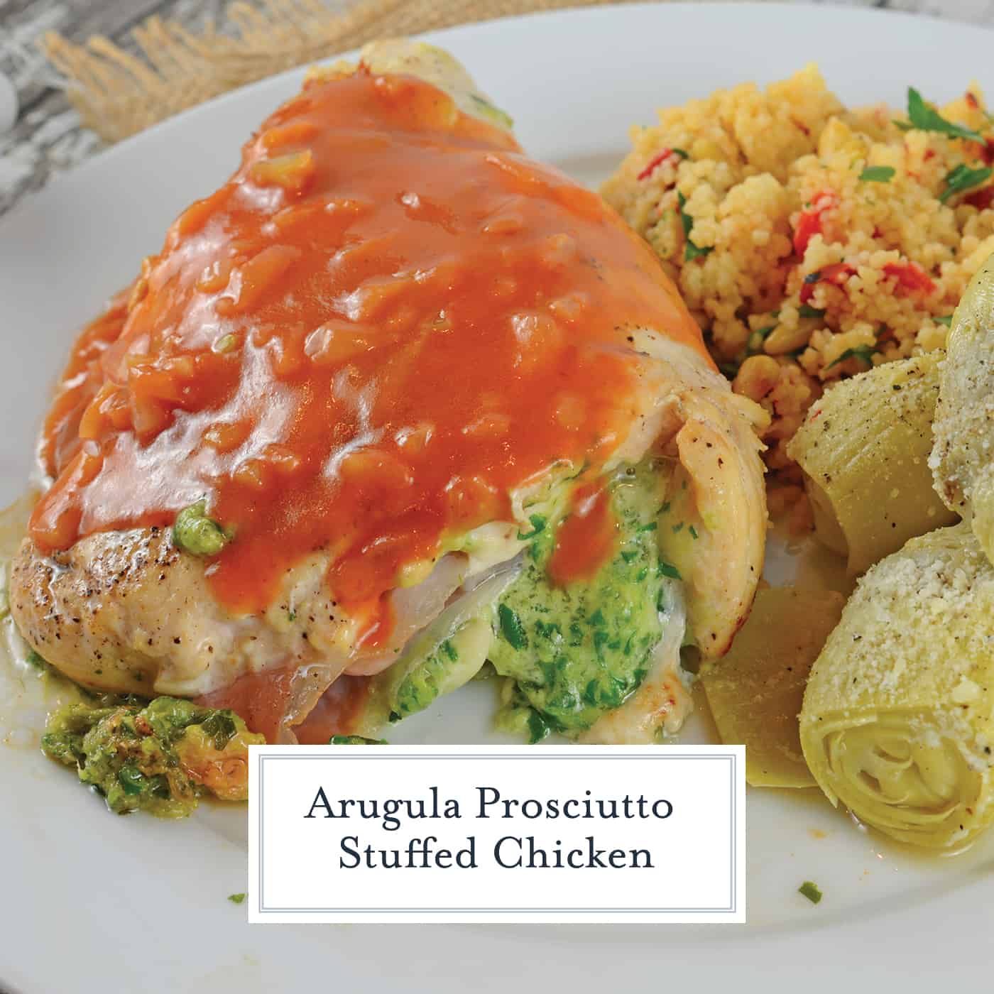 Arugula Prosciutto Stuffed Chicken is topped off with a silky tomato shallot sauce. Baked chicken recipes are great, but cheese stuffed chicken breasts are even better! #cheesestuffedchickenbreast #bakedchickenrecipe #stuffedchickenbreastrecipe www.savoryexperiments.com
