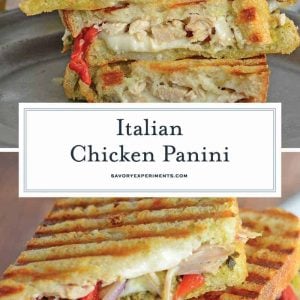 Italian Chicken Panini Recipe is made up of crusty bread filled with gooey mozzarella cheese, roasted red pepper, shredded chicken and lots of garlicky pesto. #chickenpanini #paninirecipe #paninisandwich www.savoryexperiments.com