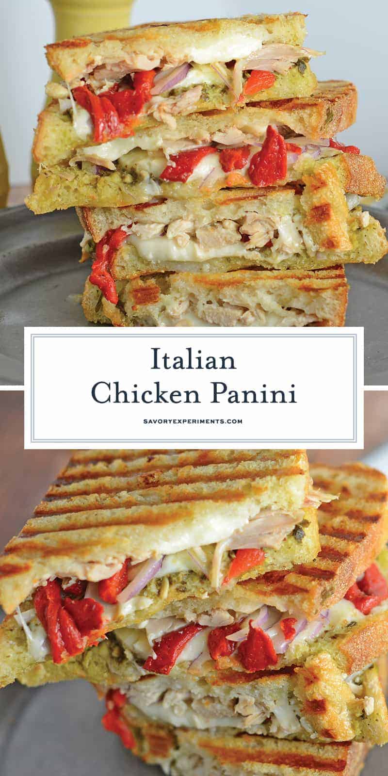 Italian Chicken Panini Recipe is made up of crusty bread filled with gooey mozzarella cheese, roasted red pepper, shredded chicken and lots of garlicky pesto. #chickenpanini #paninirecipe #paninisandwich www.savoryexperiments.com