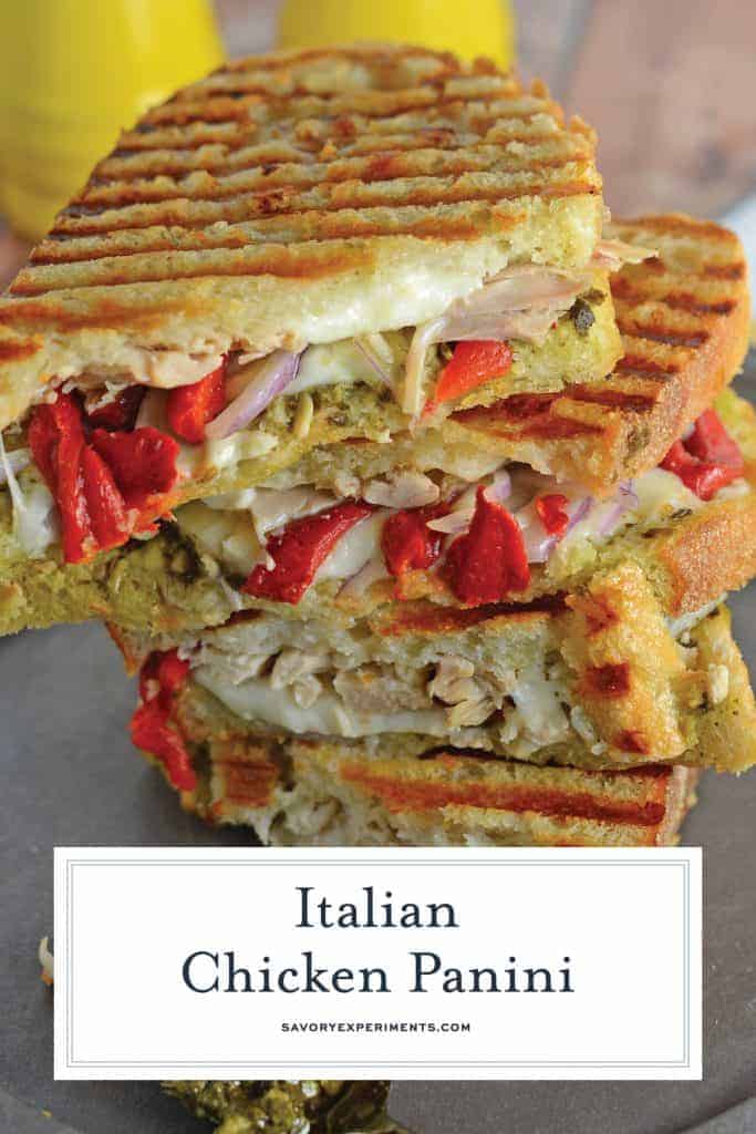 Italian Chicken Panini Recipe is made up of crusty bread filled with gooey mozzarella cheese, roasted red pepper, shredded chicken and lots of garlicky pesto. #chickenpanini #paninirecipe #paninisandwich www.savoryexperiments.com