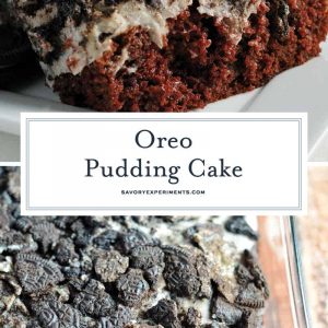 Oreo Pudding Cake is a poke recipe perfect for an easy party dessert. If you like Oreo balls, you'll love this easy cake recipe! #oreocookierecipes #oreopuddingcake #pokecakerecipes www.savoryexperiments.com