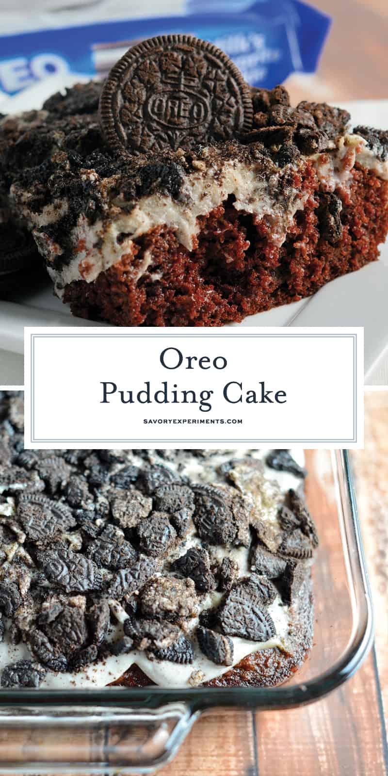 Oreo Pudding Cake is a poke recipe perfect for an easy party dessert. If you like Oreo balls, you'll love this easy cake recipe! #oreocookierecipes #oreopuddingcake #pokecakerecipes www.savoryexperiments.com 