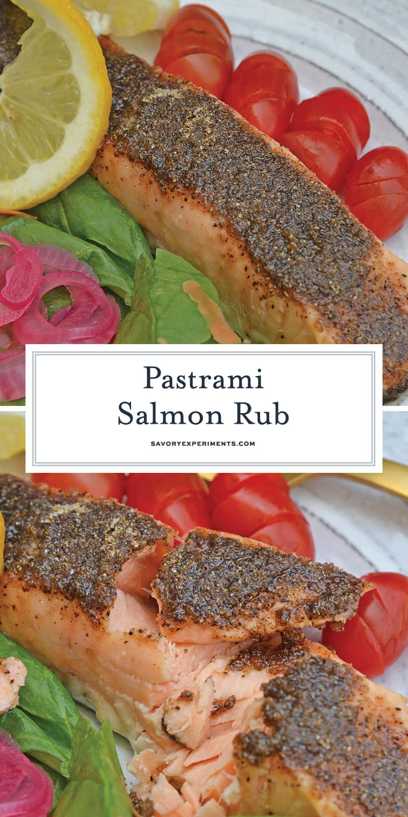 Pastrami Salmon Rub is a blend of the perfect salmon seasoning! Not only for baked salmon, this rub also work for grilled salmon and salmon kabobs! #salmonrub #bakedsalmon #pastramirub www.savoryexperiments.com