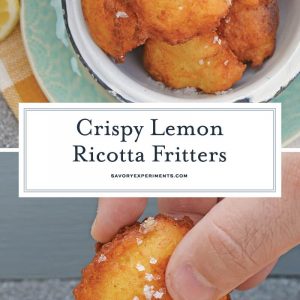 Lemon Ricotta Fritters are a savory fritter recipe. Smooth and rich, they are filled with cheese and a subtle lemon and sage. Served with garlic aioli! #frittersrecipe #ricottafritter www.savoryexperiments.com