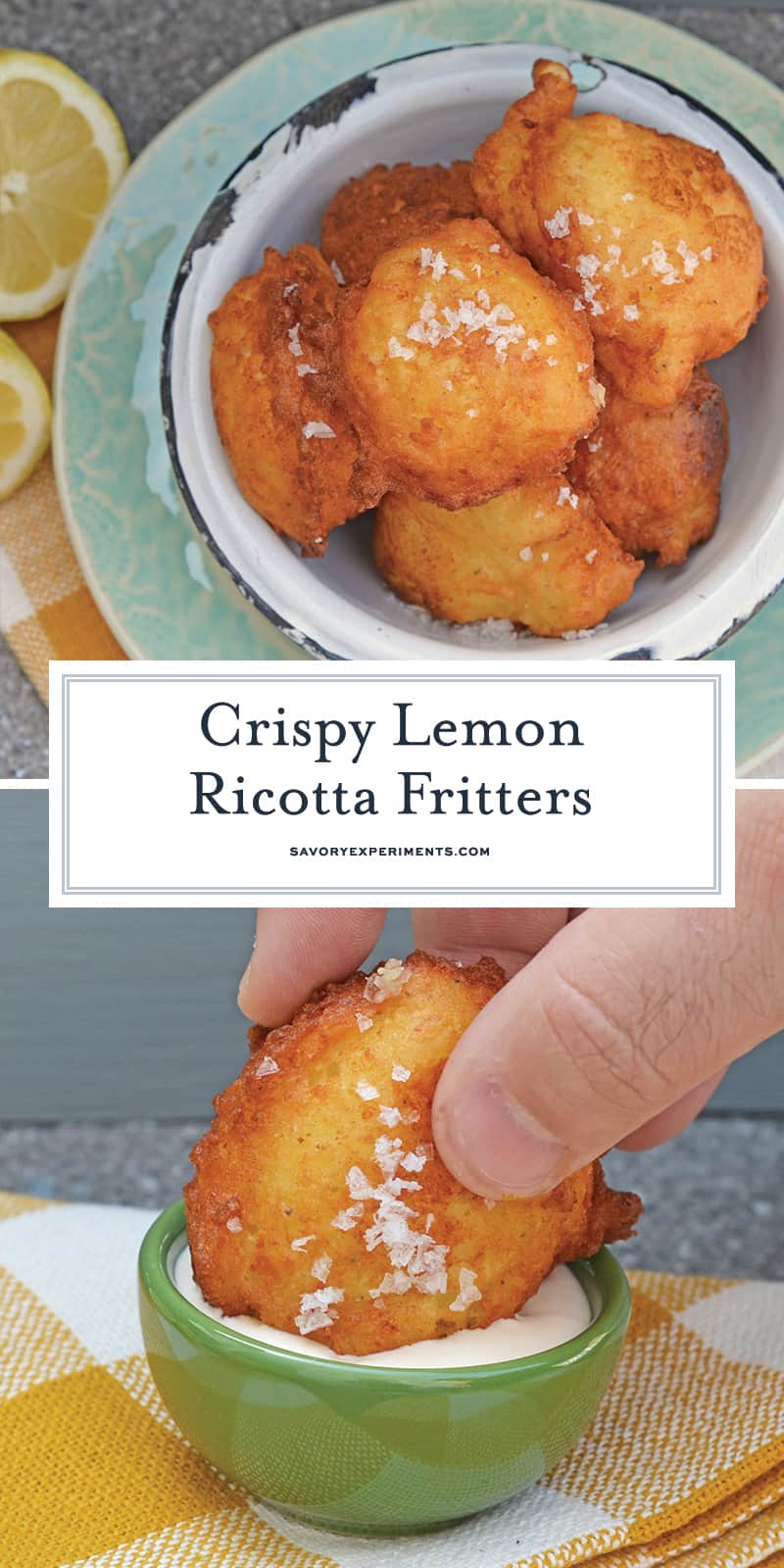 Lemon Ricotta Fritters are a savory fritter recipe. Smooth and rich, they are filled with cheese and a subtle lemon and sage. Served with garlic aioli! #frittersrecipe #ricottafritter www.savoryexperiments.com