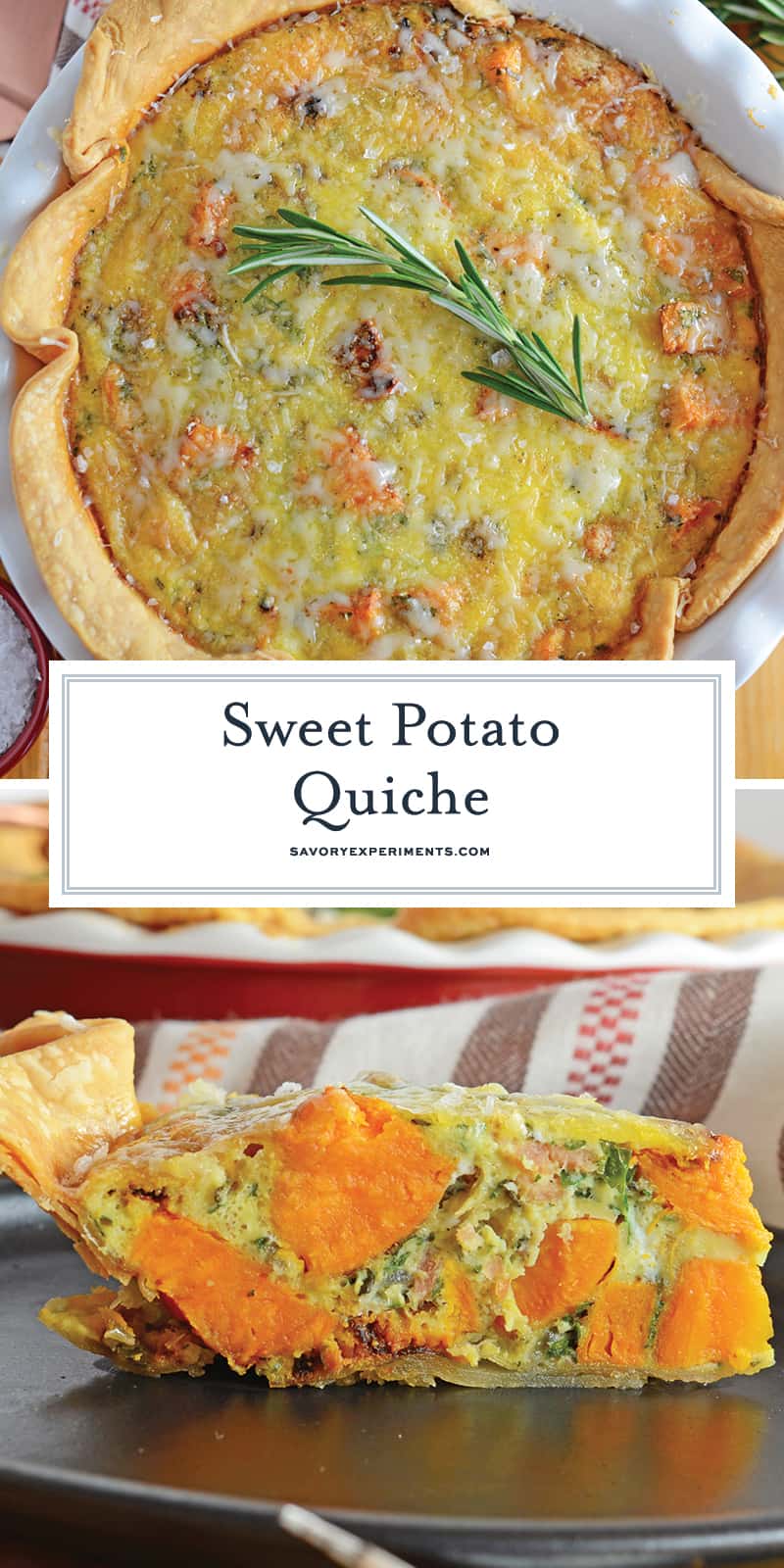Sweet Potato Quiche is an easy quiche recipe that can be made for brunch, as an entree or side dish! The perfect recipe to serve during the colder seasons! #easyquicherecipe #breakfastquiche #baconquiche www.savoryexperiments.com