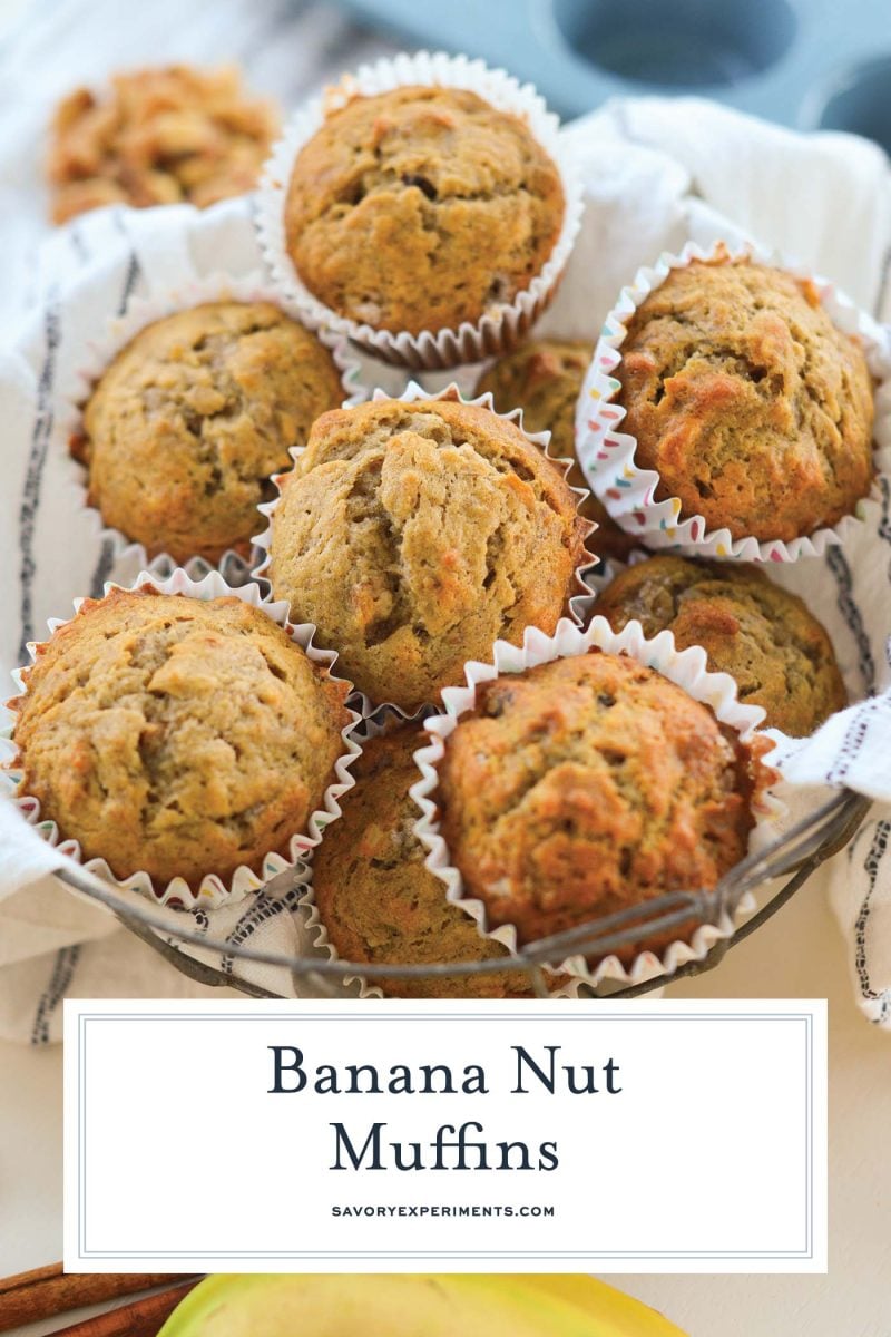 close up of banana nut muffins in a wire basket