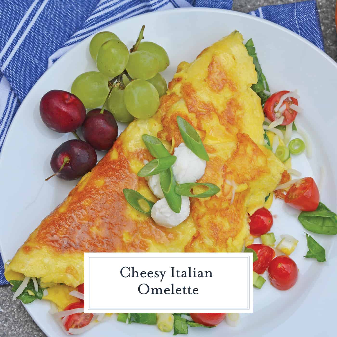 A Shrimp Omelette is a savory omelette with shrimp, scallions, spinach, tomatoes and fresh mozzarella cheese. A perfect recipe for those of us who love brunch! #shrimpomelette #omeletterecipes www.savoryexperiments.com