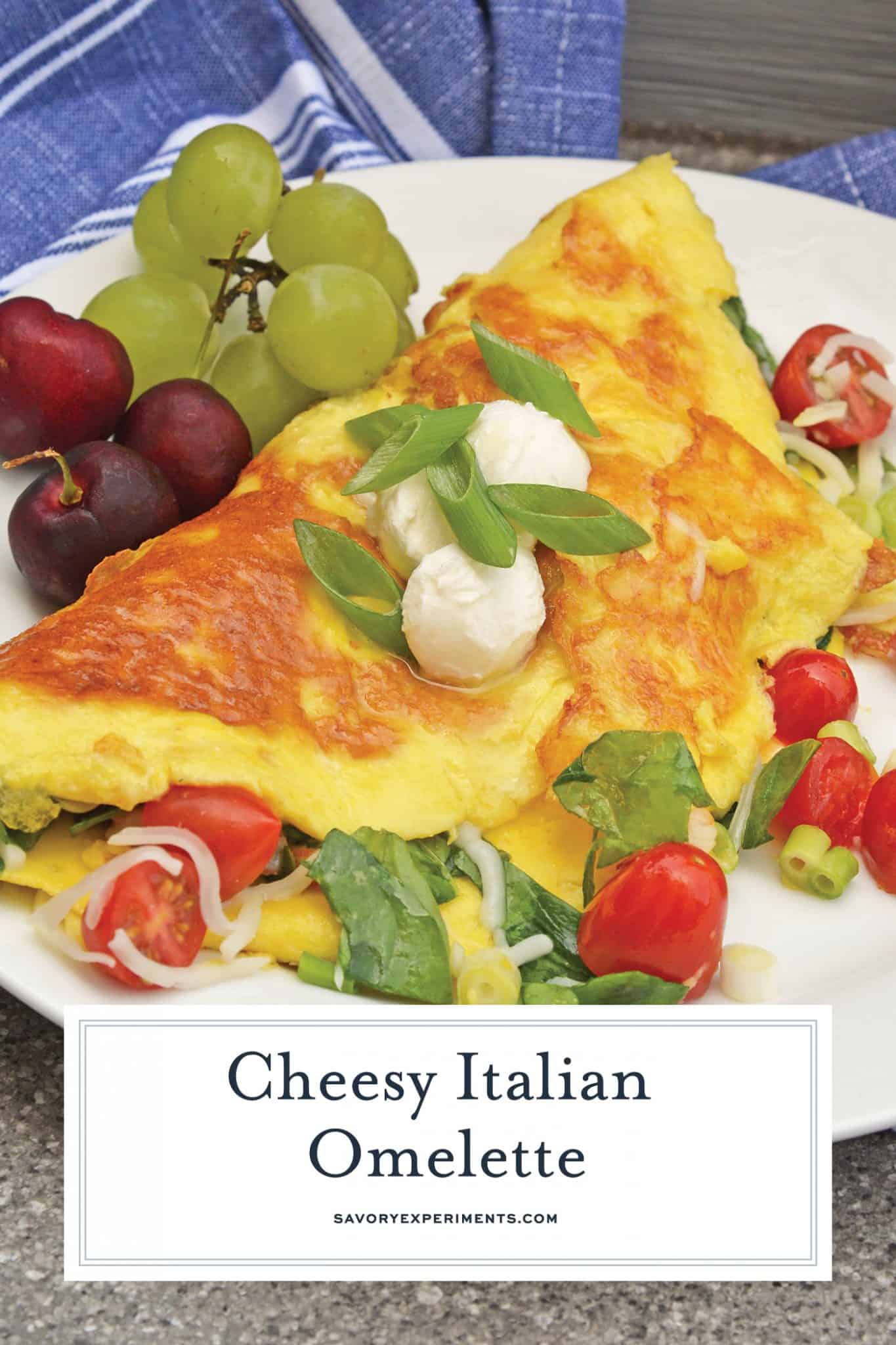 A Shrimp Omelette is a savory omelette with shrimp, scallions, spinach, tomatoes and fresh mozzarella cheese. A perfect recipe for those of us who love brunch! #shrimpomelette #omeletterecipes www.savoryexperiments.com