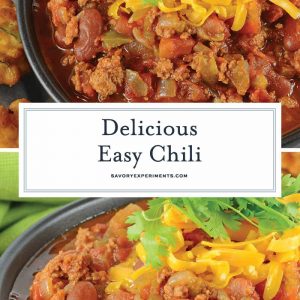 Easy Chili is a spicy mix full of ground beef, Italian sausage and vegetables, but the secret ingredient makes it different from every other chili out there! #chilirecipe #bestchilirecipe www.savoryexperiments.com