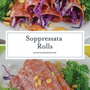 Soppressata Rolls are an easy, no cook appetizer filled with shredded red cabbage, pepperoncinis, goat cheese and zesty Italian dressing! #easyappetizerrecipes #nocookappetizer #coldappetizerrecipes www.savoryexperiments.com