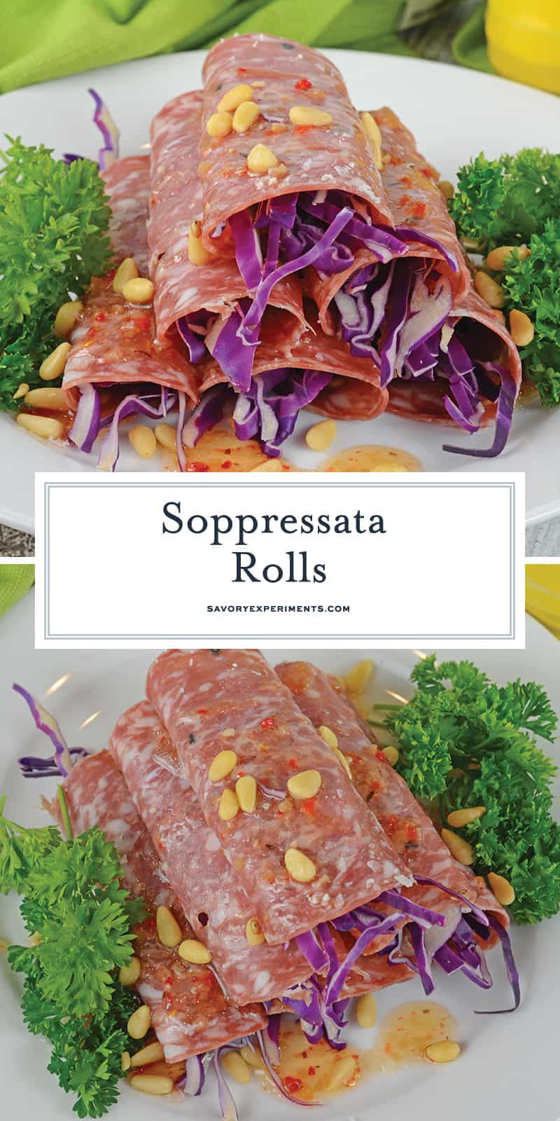 Soppressata Rolls are an easy, no cook appetizer filled with shredded red cabbage, pepperoncinis, goat cheese and zesty Italian dressing! #easyappetizerrecipes #nocookappetizer #coldappetizerrecipes www.savoryexperiments.com