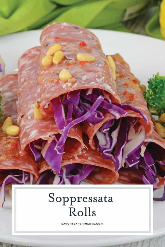 Soppressata Rolls are an easy, no cook appetizer filled with shredded red cabbage, pepperoncinis, goat cheese and zesty Italian dressing! 
#easyappetizerrecipes #nocookappetizer #coldappetizerrecipes
www.savoryexperiments.com