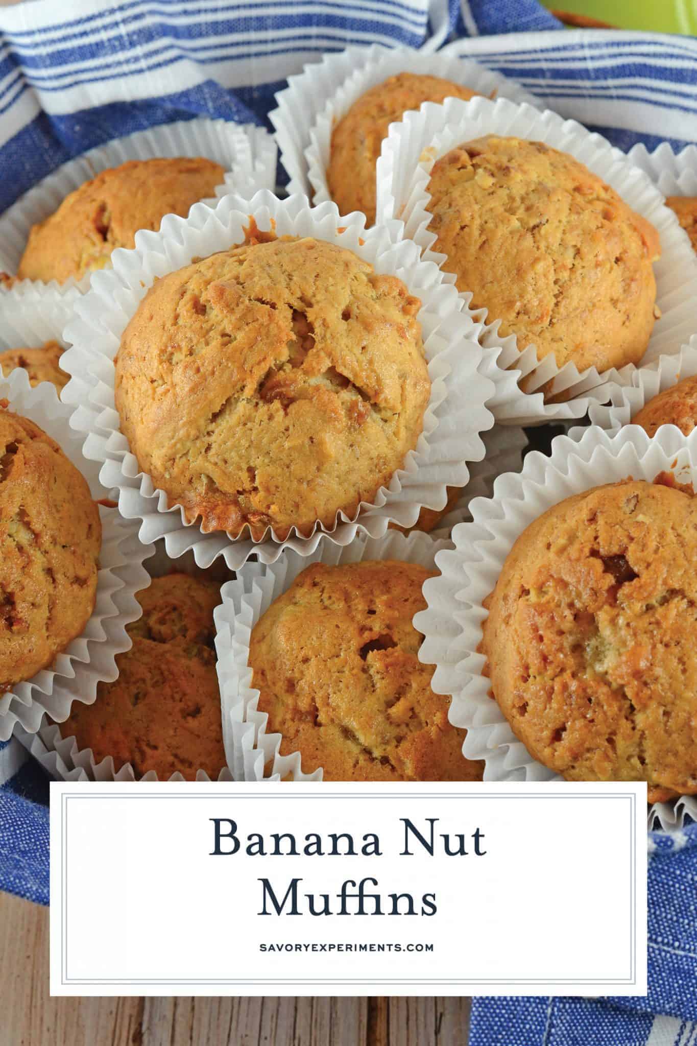 Banana Nut Muffins are a classic recipe, and the perfect use for overripe bananas. Whip them up for breakfast with just a few simple ingredients you already have in your pantry! #banananutmuffins #bananarecipes www.savoryexperiments.com