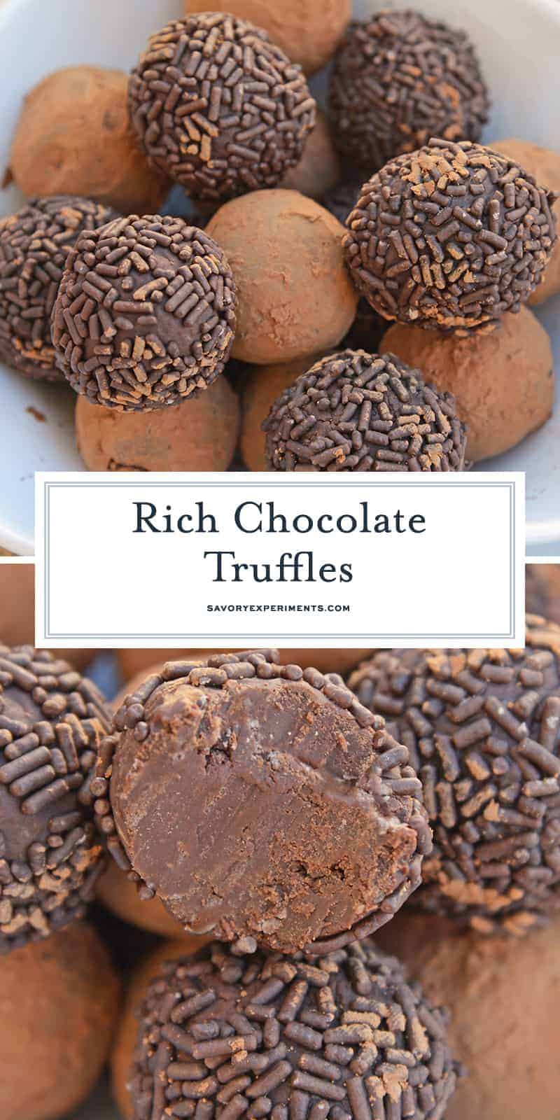 Easy Chocolate Truffles only use 4 ingredients, including sweetened condensed milk, to make a rich, decadent dessert. Roll them in chocolate sprinkles, powdered sugar or cocoa for the the finished touch! #chocolatetruffles #easytruffles www.savoryexperiments.com 