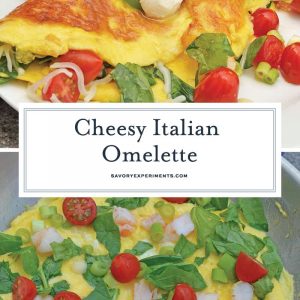 A Shrimp Omelette is a savory omelette with shrimp, scallions, spinach, tomatoes and fresh mozzarella cheese. A perfect recipe for those of us who love brunch! #shrimpomelette #omeletterecipes www.savoryexperiments.com