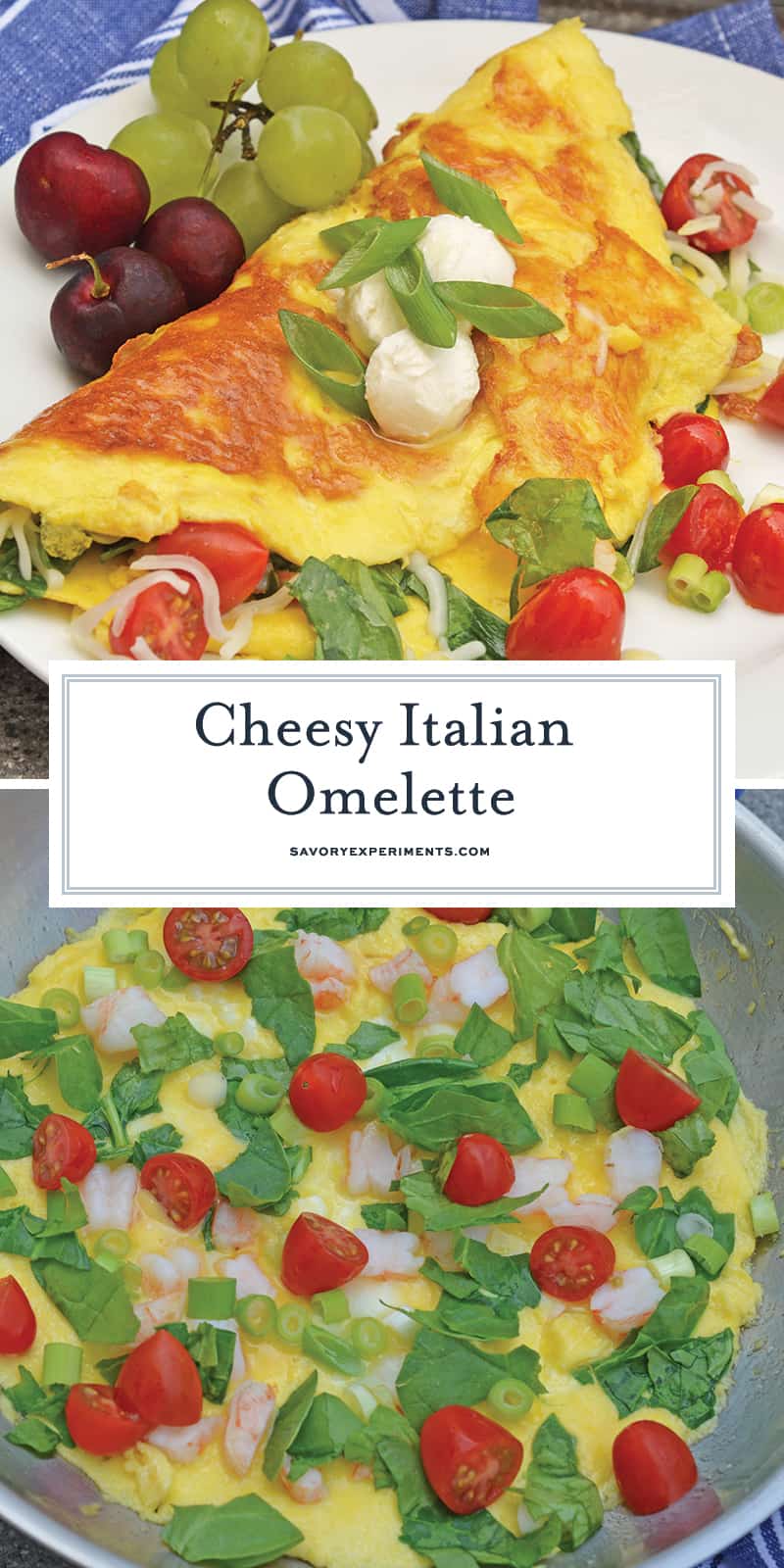 A Shrimp Omelette is a savory omelette with shrimp, scallions, spinach, tomatoes and fresh mozzarella cheese. A perfect recipe for those of us who love brunch! #shrimpomelette #omeletterecipes www.savoryexperiments.com