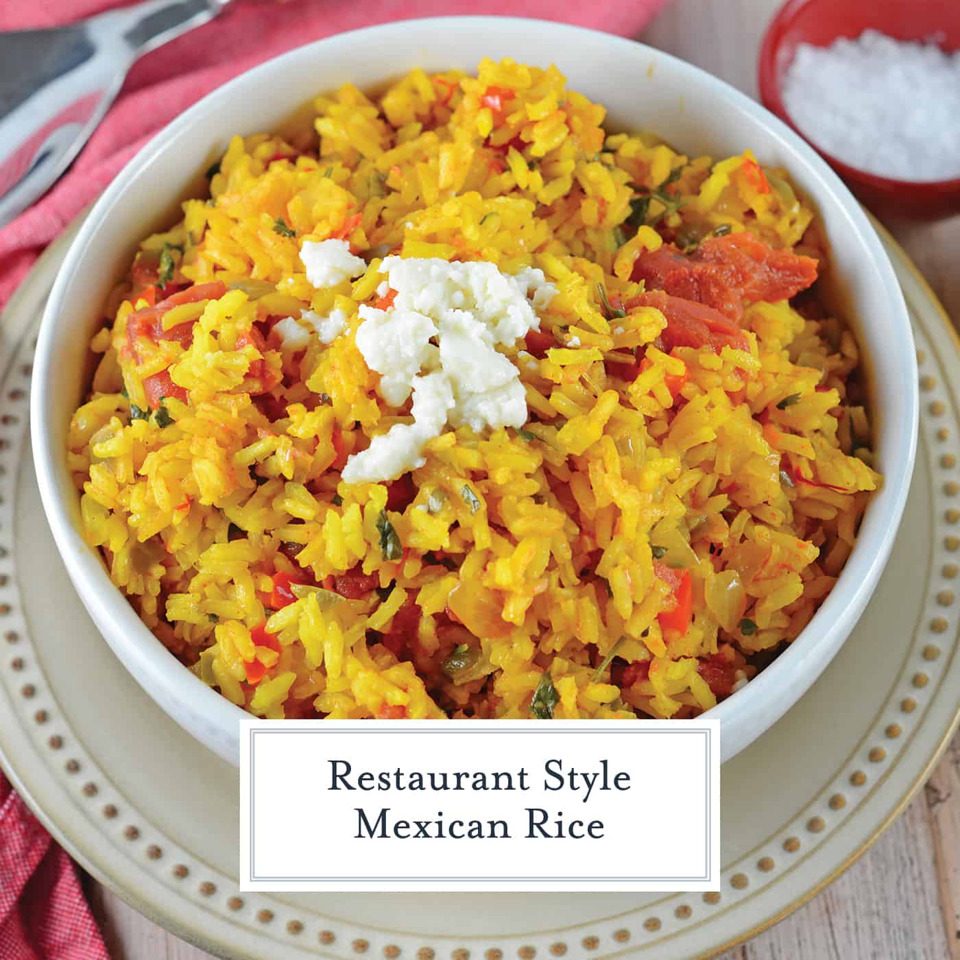 Restaurant Style Mexican Rice is a zesty side dish recipe packed full of vegetables and flavor using a delicious combination of red and green peppers, garlic, onions, tomatoes, chiles, and cilantro! #mexicanricerecipe #homemademexicanrice #yellowrice www.savoryexperiments.com