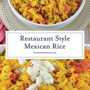 Restaurant Style Mexican Rice is a zesty red rice recipe packed full of vegetables and flavor using a delicious combination of red and green peppers, garlic, onions, tomatoes, chiles, and cilantro! #mexicanricerecipe #homemademexicanrice #yellowrice www.savoryexperiments.com