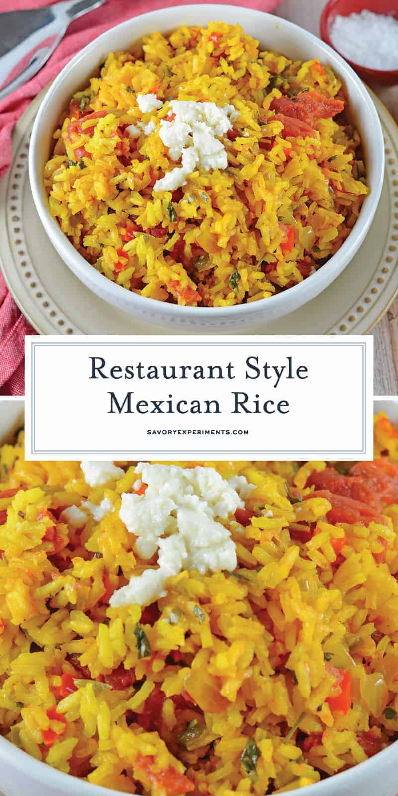 Restaurant Style Mexican Rice is a zesty red rice recipe packed full of vegetables and flavor using a delicious combination of red and green peppers, garlic, onions, tomatoes, chiles, and cilantro! #mexicanricerecipe #homemademexicanrice #yellowrice www.savoryexperiments.com