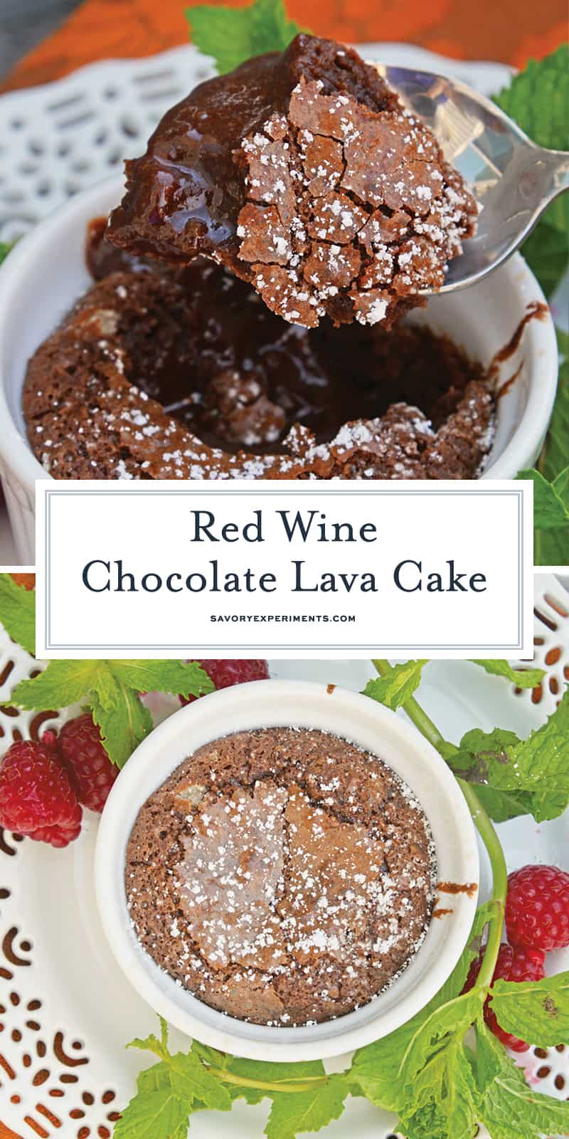 Red Wine Chocolate Lava Cake is so easy to make at home! This molten lava cake comes out of the oven piping hot in just about 30 minutes. #lavacakerecipe #moltenlavacake #chocolatecake www.savoryexperiments.com