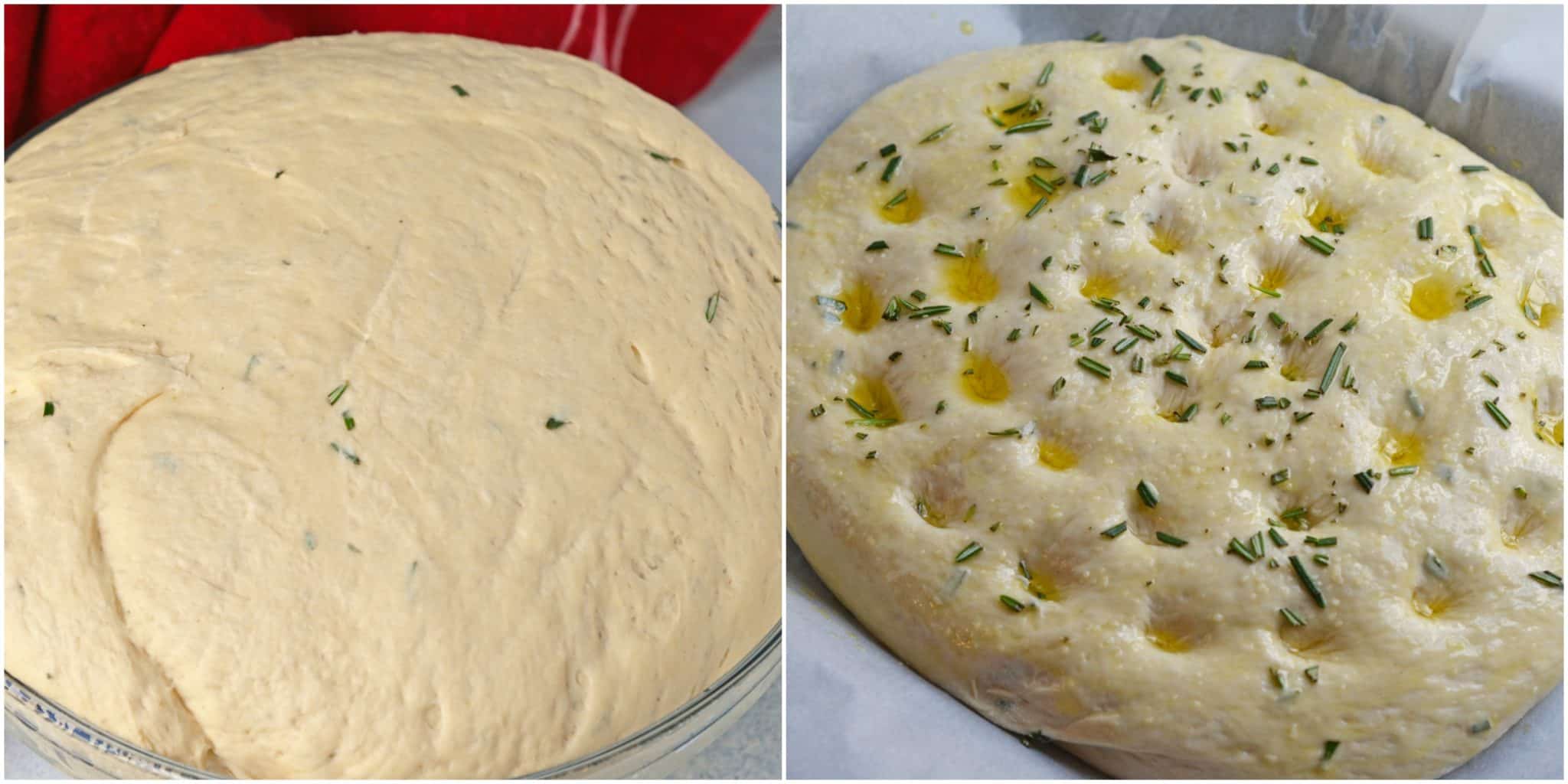 Rosemary Focaccia Bread is a recipe you can be proud of! Pair with homemade butter or olive oil bread dip for the best appetizer.  #focacciabread #easybreadrecipes www.savoryexperiments.com