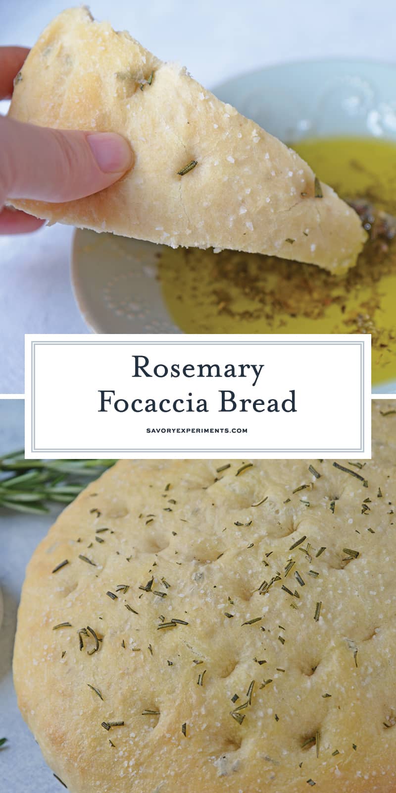 Rosemary Focaccia Bread is a recipe you can be proud of! Pair with homemade butter or olive oil bread dip for the best appetizer.  #focacciabread #easybreadrecipes www.savoryexperiments.com