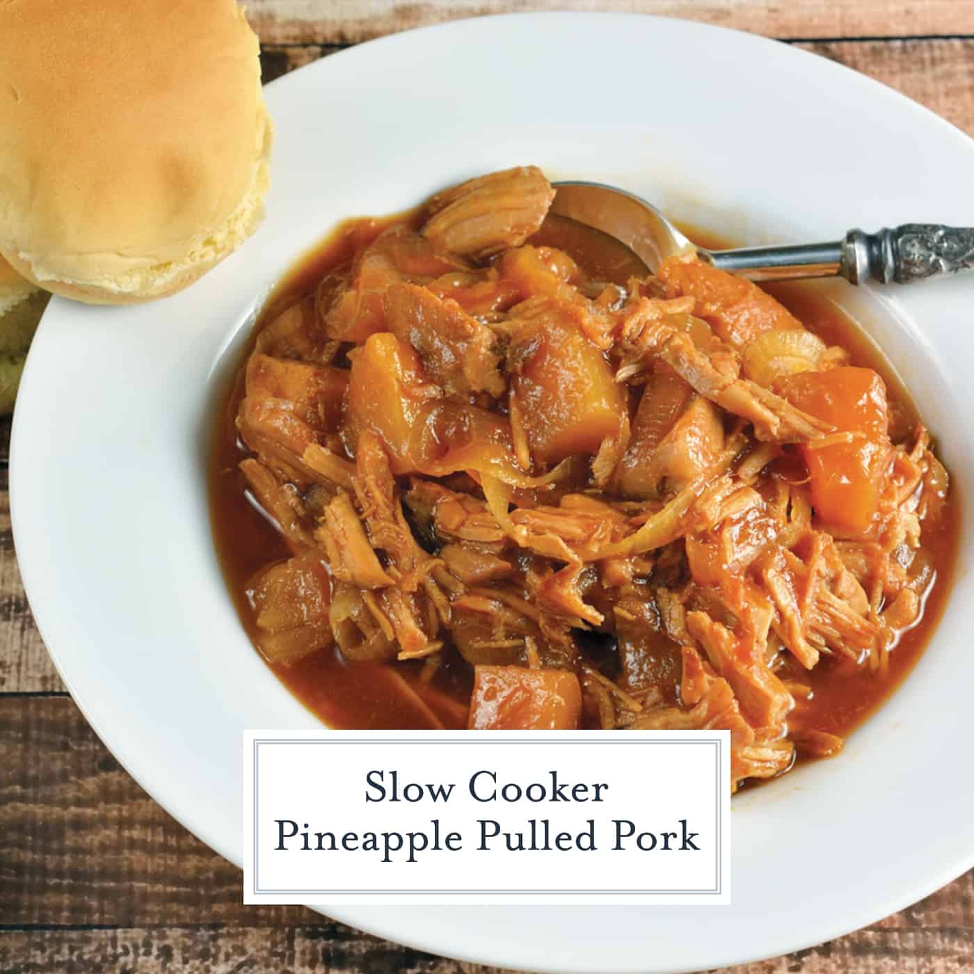 This set it and forget it Pineapple Slow Cooker Pulled Pork is the perfect family meal during a busy week. All it takes is 10 minutes of prep time! #crockpotpulledpork #pulledporksandwiches www.savoryexperiments.com