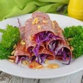 Soppressata Finger Salads are an easy, no cook appetizer filled with shredded red cabbage, pepperoncinis, goat cheese and zesty Italian dressing!