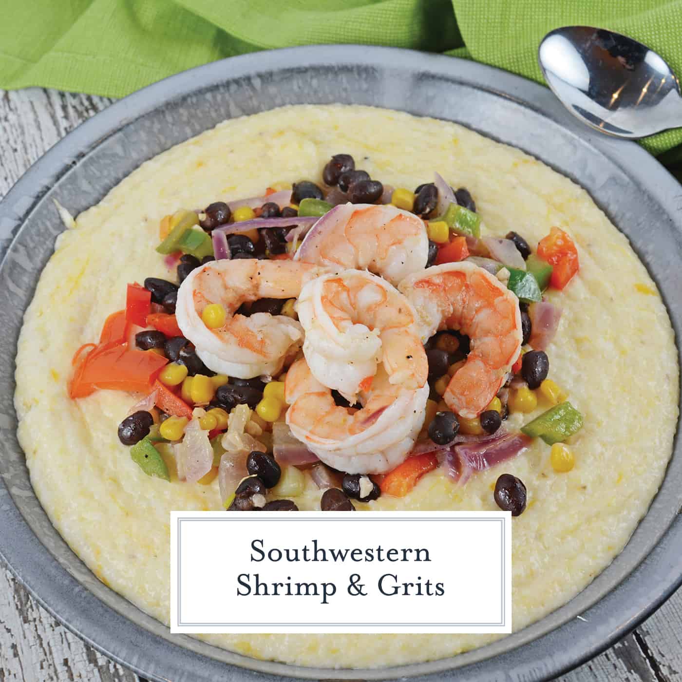 This Southwestern Shrimp and Grits recipe is a new take on an old classic! It combines Texas Caviar with Creamy Cheddar Grits and shrimp! #shrimpandgritsrecipe #cheesyshrimpandgrits www.savoryexperiments.com