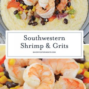 This Southwestern Shrimp and Grits recipe is a new take on an old classic! It combines Texas Caviar with Creamy Cheddar Grits and shrimp! #shrimpandgritsrecipe #cheesyshrimpandgrits www.savoryexperiments.com