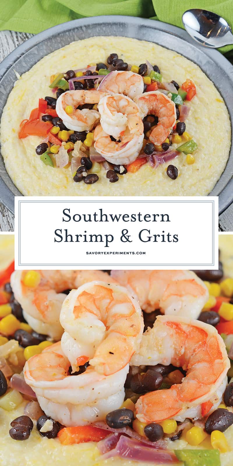 This Southwestern Shrimp and Grits recipe is a new take on an old classic! It combines Texas Caviar with Creamy Cheddar Grits and shrimp! #shrimpandgritsrecipe #cheesyshrimpandgrits www.savoryexperiments.com