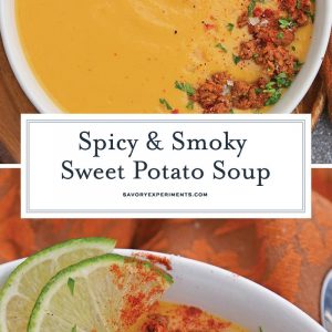 Spicy Sweet Potato Soup is a healthy blend of vegetables with a sweet and spicy kick! This soup definitely falls under the category of easy soup recipes! #sweetpotatosoup #easysouprecipes #sweetpotatorecipes www.savoryexperiments.com