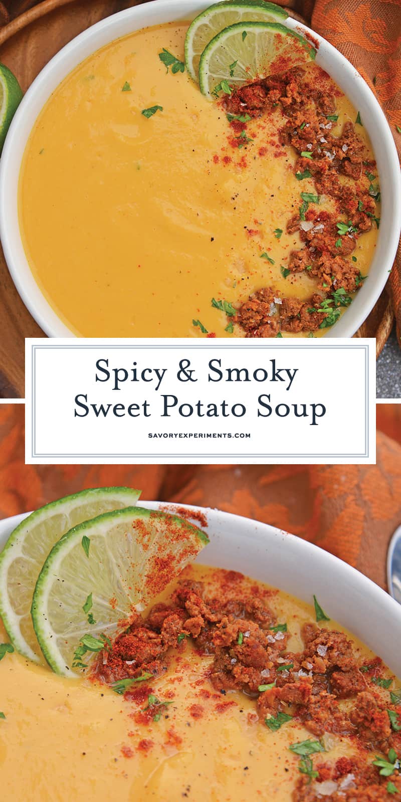 Spicy Sweet Potato Soup is a healthy blend of vegetables with a sweet and spicy kick! This soup definitely falls under the category of easy soup recipes! #sweetpotatosoup #easysouprecipes #sweetpotatorecipes www.savoryexperiments.com