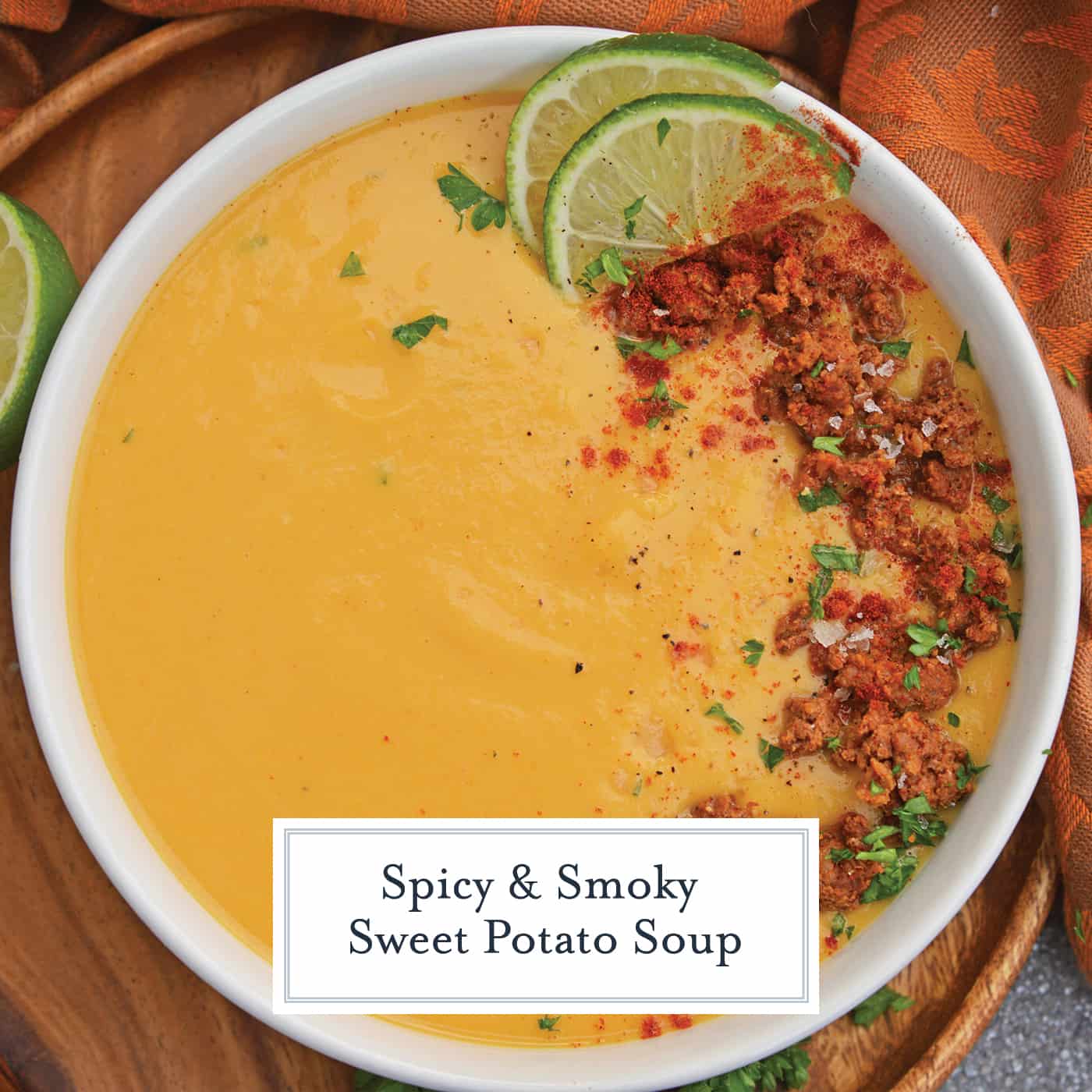 Spicy Sweet Potato Soup is a healthy blend of vegetables with a sweet and spicy kick! This soup definitely falls under the category of easy soup recipes! #sweetpotatosoup #easysouprecipes #sweetpotatorecipes www.savoryexperiments.com