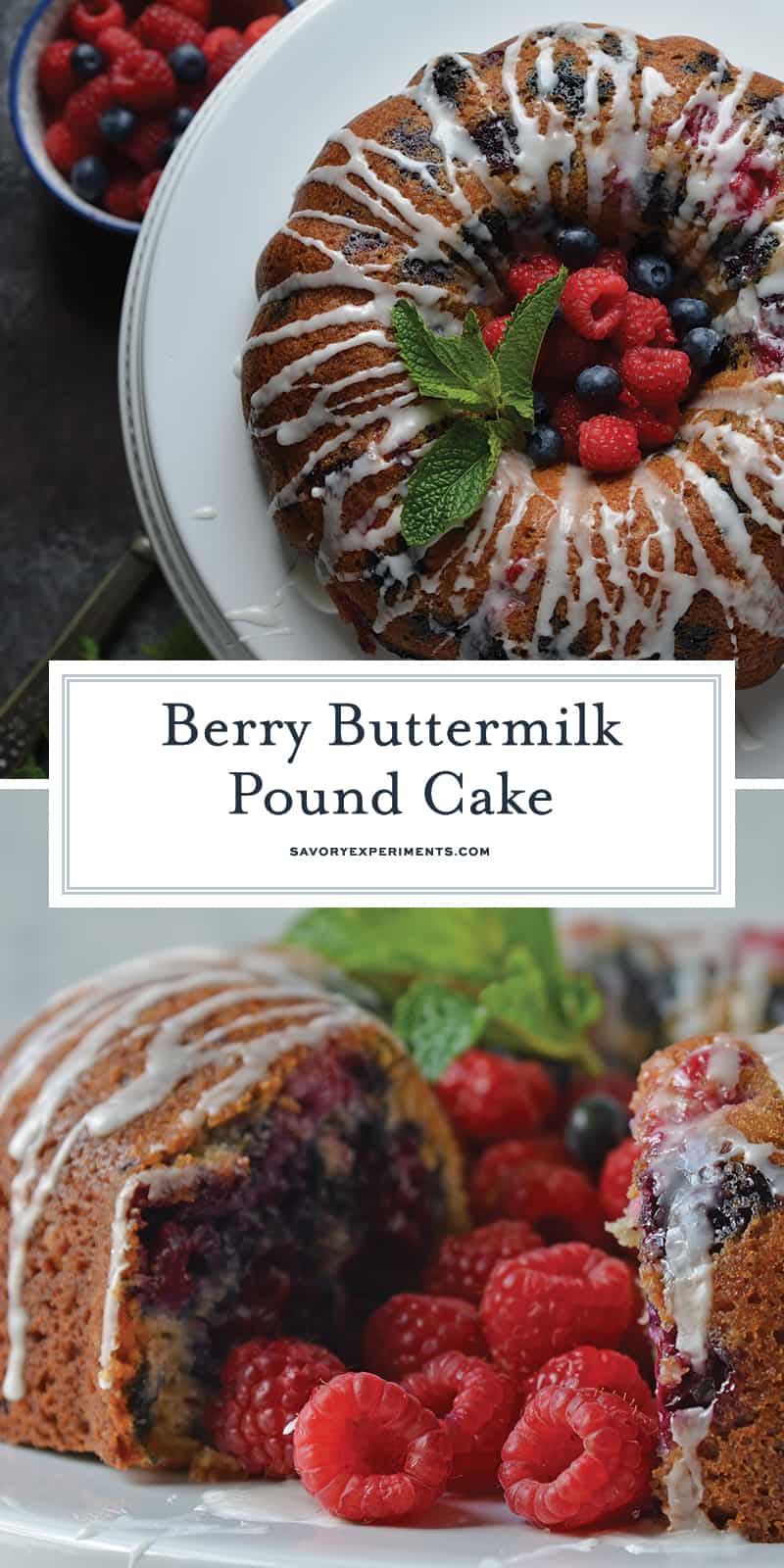 You will be making this Berry Buttermilk Pound Cake all year long! Fresh or frozen berries, this buttermilk cake is delicious and perfect for dessert or brunch. #buttermilkcake #buttermilkpoundcake www.savoryexperiments.com