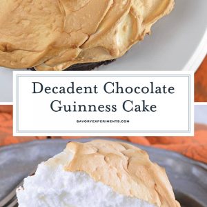 Chocolate Guinness Cake is a super rich and moist cake with fluffy meringue topping. This flourless chocolate cake is perfect for St. Patrick's Day dessert or any other day of the year! #chocolateguinnesscake #flourlesschocolatecake www.savoryexperiments.com