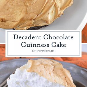 Chocolate Guinness Cake is a super rich and moist cake with fluffy meringue topping. This flourless chocolate cake is perfect for St. Patrick's Day dessert or any other day of the year! #chocolateguinnesscake #flourlesschocolatecake www.savoryexperiments.com