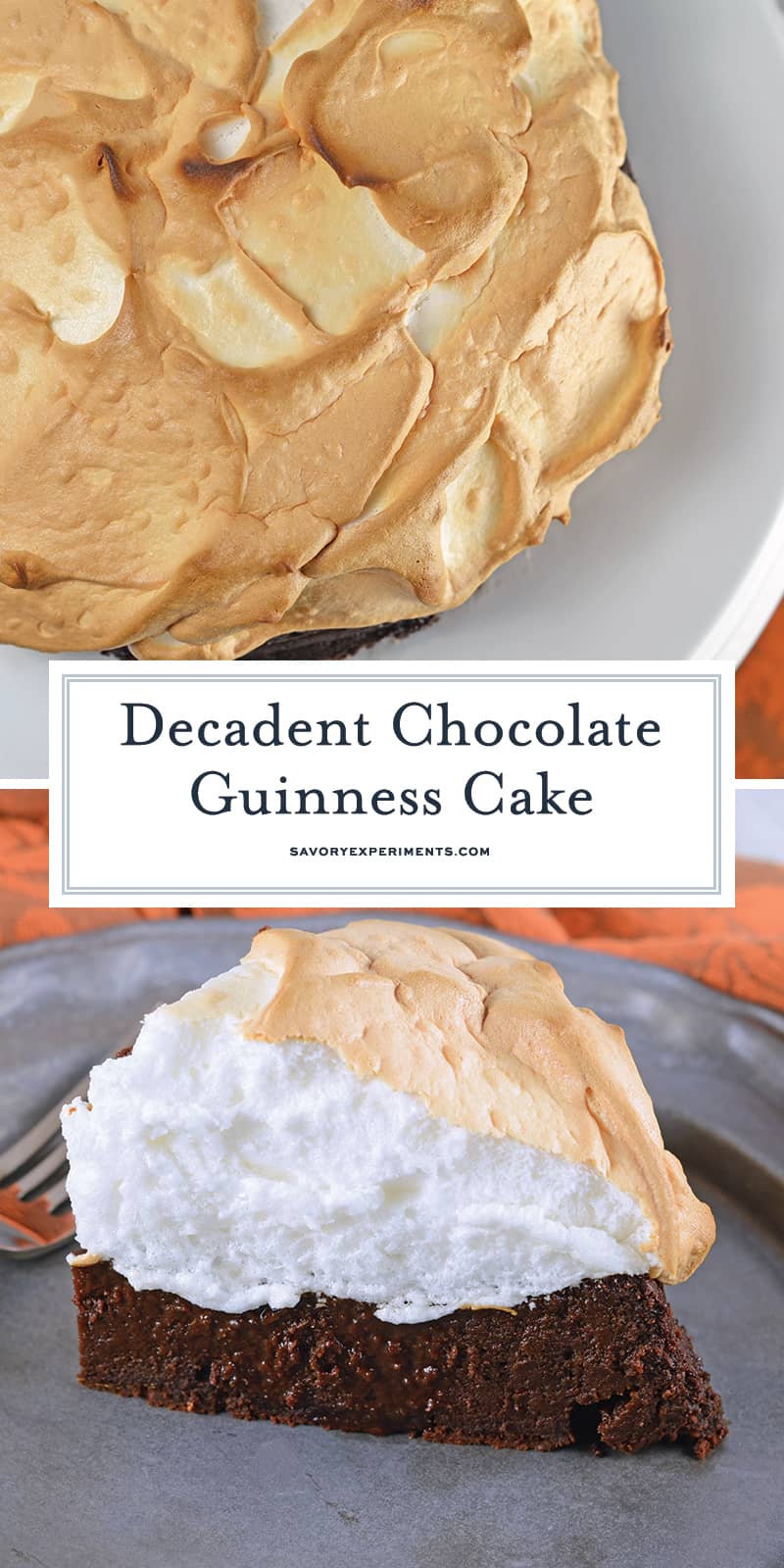 Chocolate Guinness Cake is a super rich and moist cake with fluffy meringue topping. This flourless chocolate cake is perfect for St. Patrick's Day dessert or any other day of the year! #chocolateguinnesscake #flourlesschocolatecake www.savoryexperiments.com