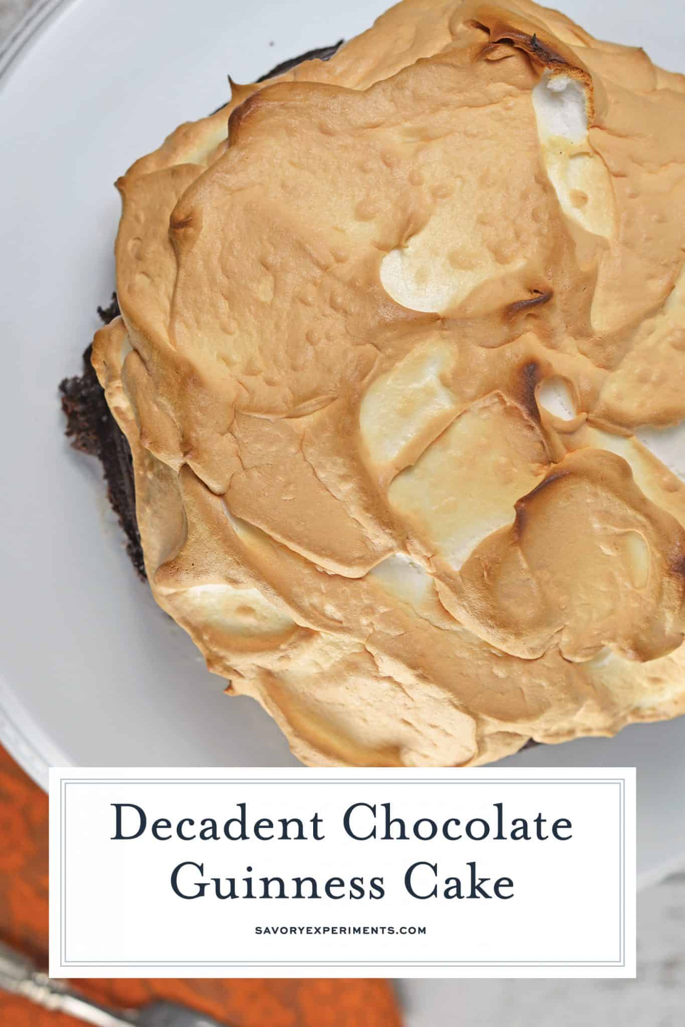 Chocolate Guinness Cake is a super rich and moist cake with fluffy meringue topping. This flourless chocolate cake is perfect for St. Patrick's Day dessert or any other day of the year! #chocolateguinnesscake #flourlesschocolatecake www.savoryexperiments.com