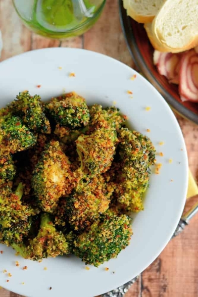 Crunchy baked broccoli in a bowl