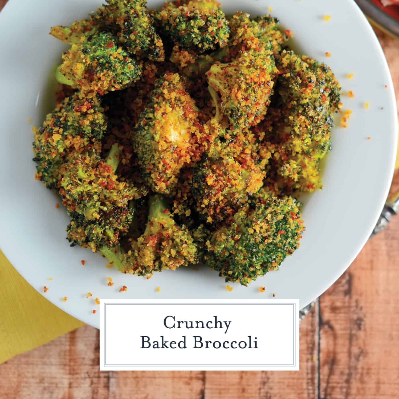 Crunchy baked broccoli tossed in a crisp, tangy mix with two secret ingredients that will make this broccoli recipe your favorite side dish! #bakedbroccoli #ovenbakedbroccoli www.savoryexperiments.com 